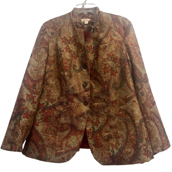 Coldwater Creek Jacket Button Up Mandarin Collar Retro Print Pockets Lined - Picture 8 of 8